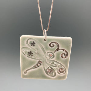 Celadon Square Textured Pendant with Silver Luster Accented Dragonfly