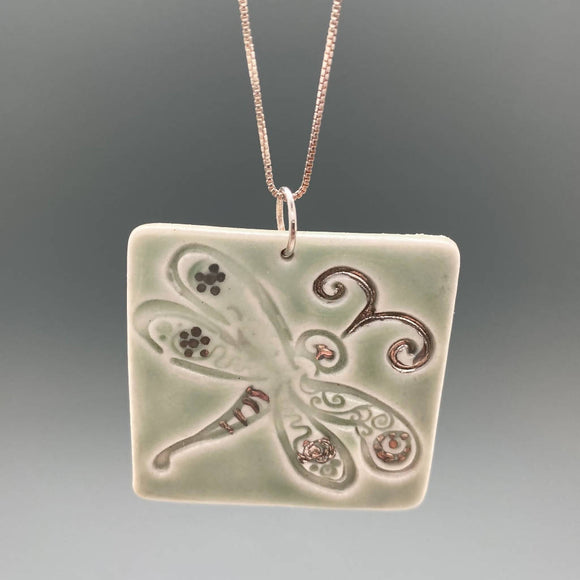 Celadon Square Textured Pendant with Silver Luster Accented Dragonfly